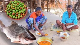 ROHU FISH CURRY amp KULER CHATNI cooking eating by our santali tribe grand ma  fish curry [upl. by Ansilma160]