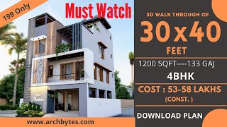 30x40 Feet Modern House Design 3D 4 Bedrooms 4 Bathrooms 3 Floors Terrace Garden  1200 Sqft [upl. by Nadnal]