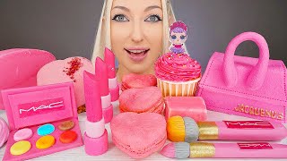 ASMR PINK FOOD MAKEUP CANDY EDIBLE BAG LIPSTICK CAKE ICE CREAM DESSERT MUKBANG 분홍색 음식 먹방 [upl. by Neelon]