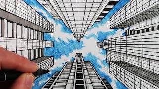 How to Draw 1Point Perspective Draw Buildings and Sky [upl. by Saxon193]