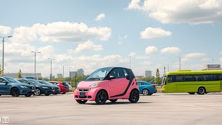 pink and black twoseater car resembling a Smart car in the foreground [upl. by Eriha]