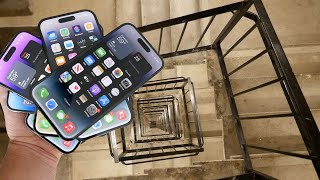 Dropping a Stack of 7 iPhone 14 Pros Down Crazy Spiral Staircase 300 Feet  Will They Survive [upl. by Neva47]