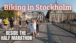 Biking in Stockholm beside the Half Marathon race Cykla i Stockholm [upl. by Elder]