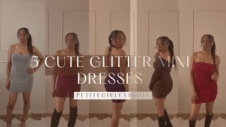 5 Glitter mini Dresses  clothing haul try on  short bodycon dress  outfit options [upl. by Lenox]