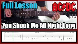 ACDC YOU SHOOK ME ALL NIGHT LONG FULL LESSON WITH TABS  Rhythm guitar and solo [upl. by Elcin621]