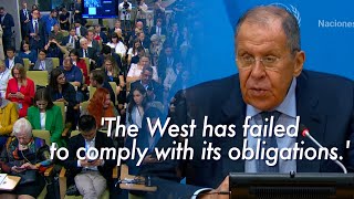 Russia’s Lavrov condemns killing of Hezbollah leader blames USNATO the root cause of Ukraine war [upl. by Tioneb856]