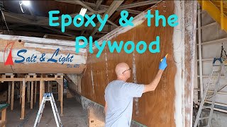 Building a plywood amp epoxy DIY catamaran Applying the epoxy coating [upl. by Neerol610]