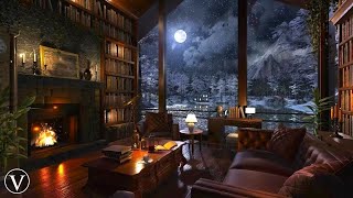 Winter Library Night Ambience  Fireplace Snow amp Blizzard Sounds [upl. by Ehrman]