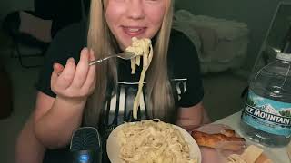 ASMR  Eating Alfredo pasta amp cheese filled breadsticks [upl. by Ailet890]