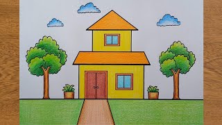 House Drawing  How to Draw a Simple House Step By Step Very Easy  House Scenery Drawing [upl. by Llerrud]