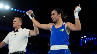 Crowd goes wild for Algerian boxer as she makes it through to the gold medal bout in Paris [upl. by Evars]