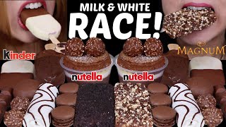 ASMR MILK amp WHITE CHOCOLATE RACE NUTELLA FERRERO CAKE MAGNUM ICE CREAM ZEBRA CAKE OREO REESES [upl. by Hahcim849]