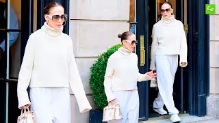 Jennifer Lopez stuns in an allwhite outfit complete with a 432000 Himalaya crocodile Birkin bag [upl. by Aruol]