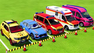 DACIA AUDI VOLKSWAGEN POLICE CARS amp MERCEDES AMBULANCE EMERGENCY VEHICLES TRANSPORTING  FS22 [upl. by Amalee]