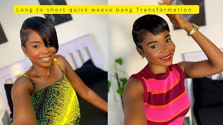 Quick weave on short Hair How to transform a long bangs to short bangs on short hair [upl. by Higginson]