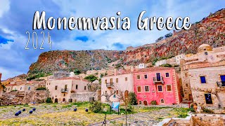 Monemvasia Greece unique medieval 🏰 town walking tour 4K vlog stormy weather Greece 2024 [upl. by Vedis]