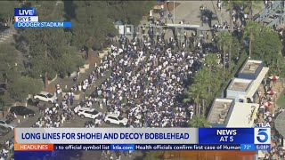 Long lines seen at Dodger Stadium for special edition Shohei Ohtani bobblehead [upl. by Kathlin]