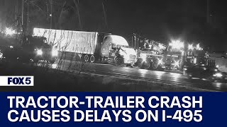 Tractortrailer crash on I495 in Montgomery County leaves 1 hurt causes delays [upl. by Ambrogino]