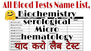 All test name list biochemistry test  pathology test list Hematology test [upl. by Yrrap]