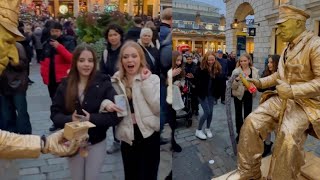 Great laughter with the Naughty Goldman Living Statue vs the inquisitive girls😳😂street prank [upl. by Auhso124]