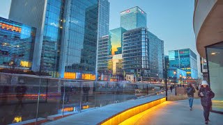 London Walk Tour of Canary Wharf incl Winter Lights 2023 amp New Towers at DuskDark  4K 60FPS [upl. by Anitrak442]