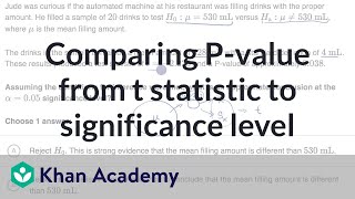 Comparing Pvalue from t statistic to significance level  AP Statistics  Khan Academy [upl. by Aerdnod]