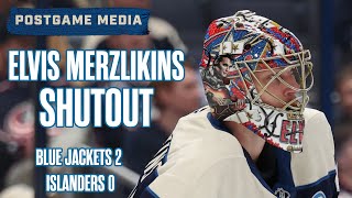 ELVIS MERZLIKINS SHUTOUT 🚫😤 BLUE JACKETS SPOOK THE ISLANDERS 20 🎃  Postgame Media [upl. by Gnolb]