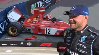 Bottas reacts to Charles Leclerc crashing Niki Laudas Ferrari at Monacomonacogpmonacorace [upl. by Annaxor307]