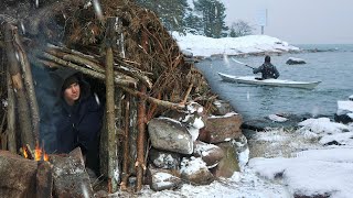 Out to the Frozen Sea 3 Day WINTER Camping Alone  Island Bushcraft Shelter [upl. by Hodgson528]