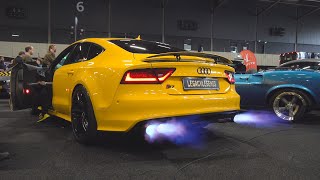 Modified Cars revving at Car Show 100 Auto Live  Extreme Flames Bangs Loud Sounds [upl. by Noreik]