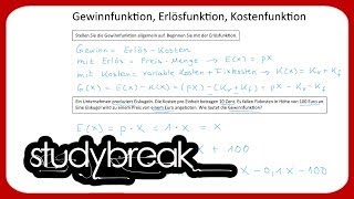 Gewinnfunktion Erlösfunktion Kostenfunktion  Betriebswirtschaftslehre [upl. by Ailliw548]