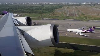 Amazing takeoff and landing wing views onboard Thai Airways B747400 [upl. by Ahcas]