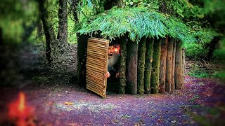 Building a warm and cozy hut for survival around a big fir  hidden hut [upl. by Nadya]