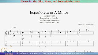 Españoleta in A Minor  Gaspar Sanz for Classical Guitar with Tab [upl. by Estell108]