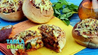 Pizza Burger Bowl Stuffed pizza burger bun by Tarla Dalal [upl. by Anatnahs]