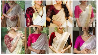 kerala Saree Blouse design  latest Kasavu Saree Blouse Design White saree [upl. by Sivraj]