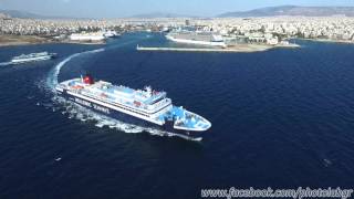 Aerial drone view  FB Nissos Rodos leaving Piraeus port [upl. by Ganny]