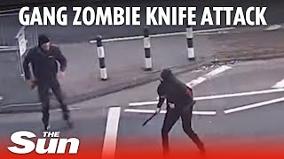 Chilling moment gang with zombie knives fatally attack dad in broad daylight [upl. by Akinuahs]