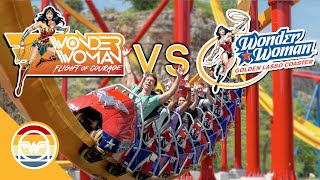 Wonder Woman VS Wonder Woman  Six Flags SingleRail Coasters at Magic Mountain amp Fiesta Texas [upl. by Oremor]