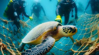 sea ​​turtle rescue sea turtle rescued by diver [upl. by Atnom]