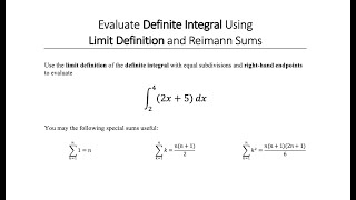 Evaluate Definite Integral using Limit Definition with Riemann Sums [upl. by Ielerol]