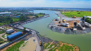 DumpTruck​ Pour sand and rocks to clear the whole lake By Wheel Loader Push Stones into Water [upl. by Mcfarland]