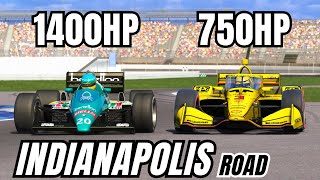 The MOST POWERFUL F1 CAR in History VS INDYCAR On The INDIANAPOLIS ROAD COURSE [upl. by Nylatsyrc825]