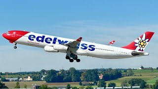 Edelweiss Airbus A340313X HBJMF „Belalp“ Takeoff [upl. by Ebeohp]