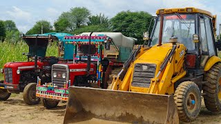 Jcb 3dx Xpert Backhoe Going Loading Red Mud in Massey 241amp1035 Tractors  Tractors for kids [upl. by Cynarra561]