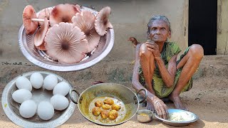 105 year old poor widow grandma cooking MUSHROOMS with EGG CURRY and eating grandma Village life [upl. by Kerekes]