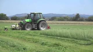 DeutzFahr Agrotron 150 mit Claas und Fella am mähen [upl. by Attebasile]