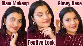 No Foundation  Glowing Glam Diwali Makeup Look  Festive GRWM [upl. by Enylekcaj798]