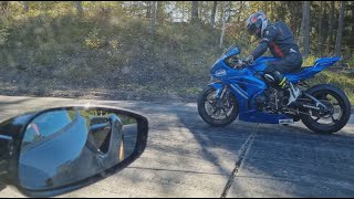 200 HP Suzuki GSXR 1000 vs 720 HP Ferrari F8 Tributo 4k 60p [upl. by Azmuh]