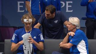 Federer Coaches Zverev on sidelines  Laver Cup 2017 [upl. by Olbap]